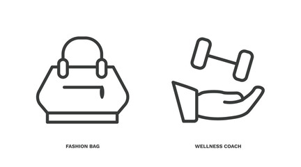 set of fashion and things thin line icons. fashion and things outline icons included fashion bag, wellness coach vector.