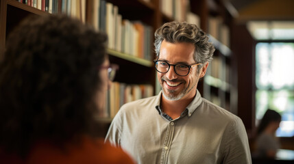 Obraz premium Female University Or College Student In Library Talking With Teacher
