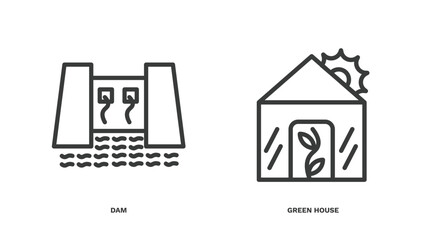 set of ecology thin line icons. ecology outline icons included dam, green house vector.