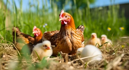 Foto op Aluminium Free Ranging Brown Hen with Chicks Grazing on Lush Organic Farm Fields under the Sun Awaiting Fresh Eggs from Agriculture Farm © AIGen