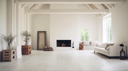 Fototapeta na wymiar Modern Belgian-Style Farmhouse Interior Design: White Decor and Flooring for a Bright Home