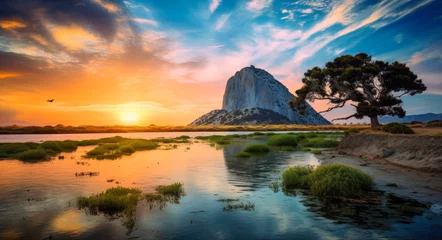 Deurstickers Morro Bay Landscape: Waterfront Sunset with Blue Sky and Summer Trees © AIGen