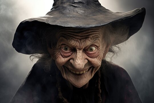 Old Evil Witch Portrait. Smiling Face of Elderly Woman with Malevolent Expression and Piercing Eye on White Background