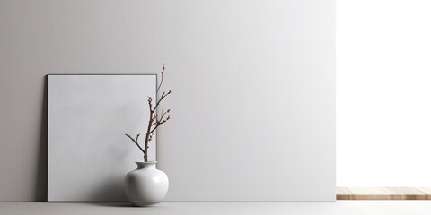 Wtite wall, blank canvas mockup in scandi style interior with trailing plant in pot, on empty neutral white wall background. A4, A3 format. - obrazy, fototapety, plakaty