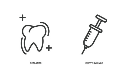 set of dental health thin line icons. dental health outline icons included sealants, empty syringe vector.
