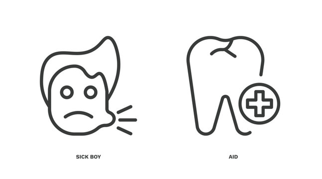 set of dental health thin line icons. dental health outline icons included sick boy, aid vector.