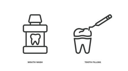 set of dental health thin line icons. dental health outline icons included mouth wash, tooth filling vector.