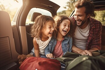 Family in car, ready for road trip. Happy people, travel, vacation, vehicle, journey. - obrazy, fototapety, plakaty