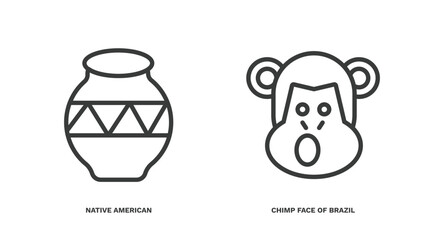 set of culture and civilization thin line icons. culture and civilization outline icons included native american pot, chimp face of brazil vector.