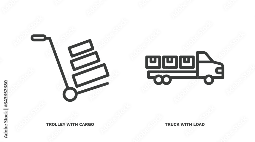 Poster set of construction thin line icons. construction outline icons included trolley with cargo, truck with load vector.