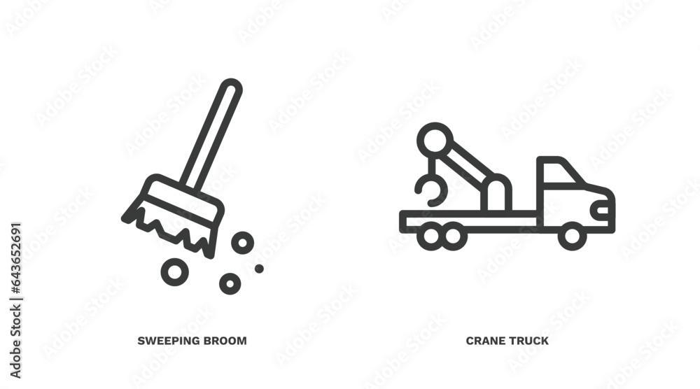 Sticker set of construction thin line icons. construction outline icons included sweeping broom, crane truck vector.