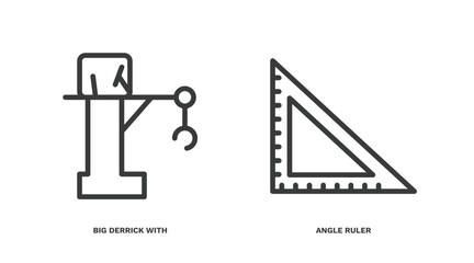 set of construction thin line icons. construction outline icons included big derrick with boxes, angle ruler vector.