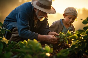 elderly man teaching young girl how to harvest lettuce in the farm field. sunset vibrant sky.