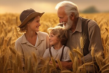 generations of grandfather, daughter and grandson in a wheat field. rural family. loving family.
