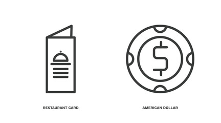 set of commerce and marketing thin line icons. commerce and marketing outline icons included restaurant card, american dollar vector.