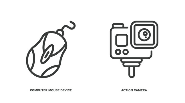 set of computer and tech thin line icons. computer and tech outline icons included computer mouse device, action camera vector.