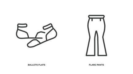 set of clothes and outfit thin line icons. clothes and outfit outline icons included ballets flats, flare pants vector.