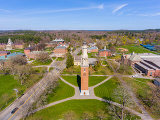 Phillips Academy aerial view in spring including Clock Tower at 180 Main Street in historic town...