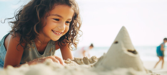 Happy little girl building sandcastle, sitting on wet sand by water, enjoying vacation on beach by ocean. Summer holidays or childhood concept