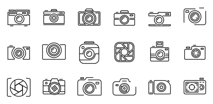 Camera shutter, lenses and photo camera icons set vector
