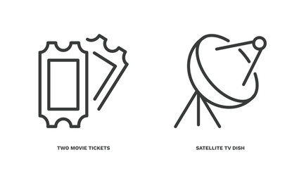 set of cinema and theater thin line icons. cinema and theater outline icons included two movie tickets, satellite tv dish vector.