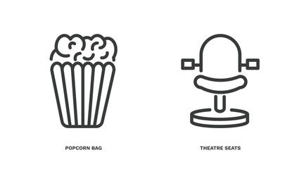 set of cinema and theater thin line icons. cinema and theater outline icons included popcorn bag, theatre seats vector.