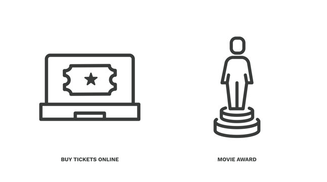 set of cinema and theater thin line icons. cinema and theater outline icons included buy tickets online, movie award vector.