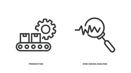 set of business and analytics thin line icons. business and analytics outline icons included production, sine waves analysis vector.