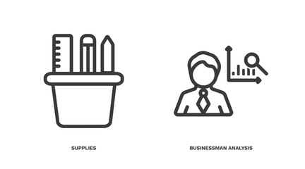 set of business and analytics thin line icons. business and analytics outline icons included supplies, businessman analysis vector.