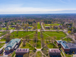 Phillips Academy aerial view in spring including Great Lawn at 180 Main Street in historic town...