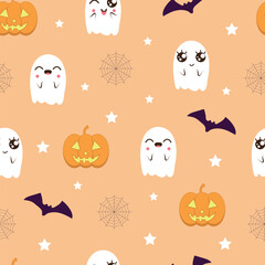 Seamless pattern with ghosts, pumpkins, cobwebs, halloween bat in kawaii style