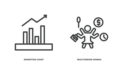 set of business and finance thin line icons. business and finance outline icons included marketing chart, multitasking woman vector.