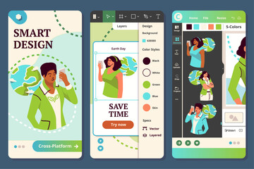 Green technology Figma bundle. Set of character situations of young climate change activist using cell phone, advocating for clean energy and sustainable living. Vector illustrations flat web designs - 643653636
