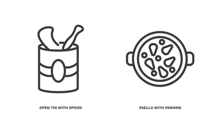 set of restaurant thin line icons. restaurant outline icons included open tin with spoon, paella with parwns vector.