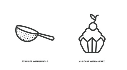 set of restaurant thin line icons. restaurant outline icons included strainer with handle, cupcake with cherry vector.