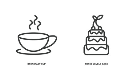 set of restaurant thin line icons. restaurant outline icons included breakfast cup, three levels cake vector.