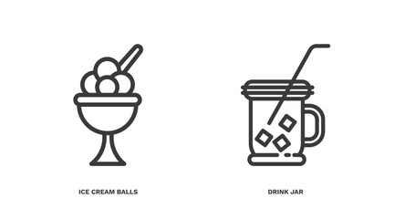 set of restaurant thin line icons. restaurant outline icons included ice cream balls cup, drink jar vector.