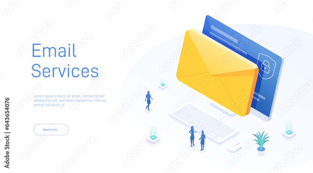 Poster isometric email services concept. data analysis, checking email. computer monitor 3d isometric desig