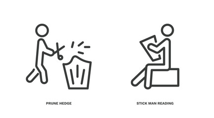 set of behavior and action thin line icons. behavior and action outline icons included prune hedge, stick man reading vector.
