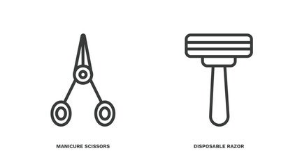 set of beauty and elegance thin line icons. beauty and elegance outline icons included manicure scissors, disposable razor vector.