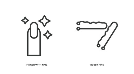 set of beauty and elegance thin line icons. beauty and elegance outline icons included finger with nail, bobby pins vector.