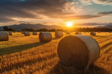 Hay bales in a field with sunset , concept of Golden hour  - Powered by Adobe