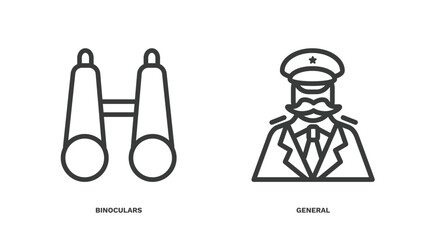 set of military and war and thin line icons. military and war outline icons included binoculars, general vector.