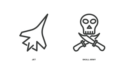 set of military and war and thin line icons. military and war outline icons included jet, skull army vector.
