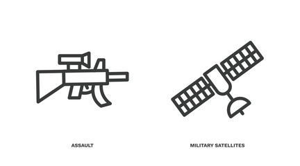 set of military and war and thin line icons. military and war outline icons included assault, military satellites vector.