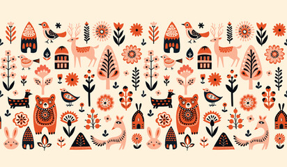 Simple minimalist Scandinavian pattern with forest animals cozy cottages