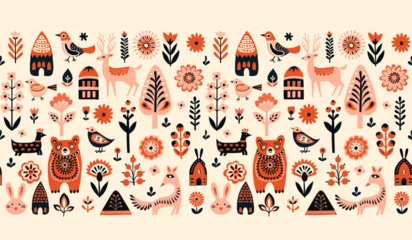 Fototapete Feenwald Simple minimalist Scandinavian pattern with forest animals cozy cottages
