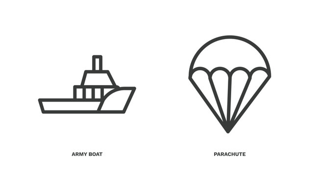 set of military and war and thin line icons. military and war outline icons included army boat, parachute vector.
