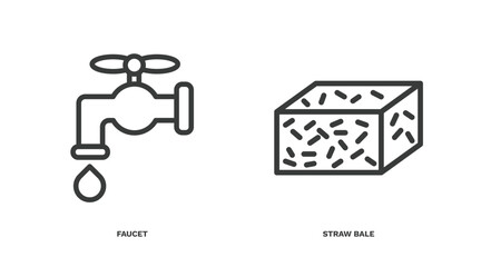 set of agriculture and farm thin line icons. agriculture and farm outline icons included faucet, straw bale vector.