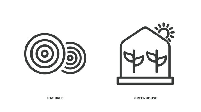 set of agriculture and farm thin line icons. agriculture and farm outline icons included hay bale, greenhouse vector.